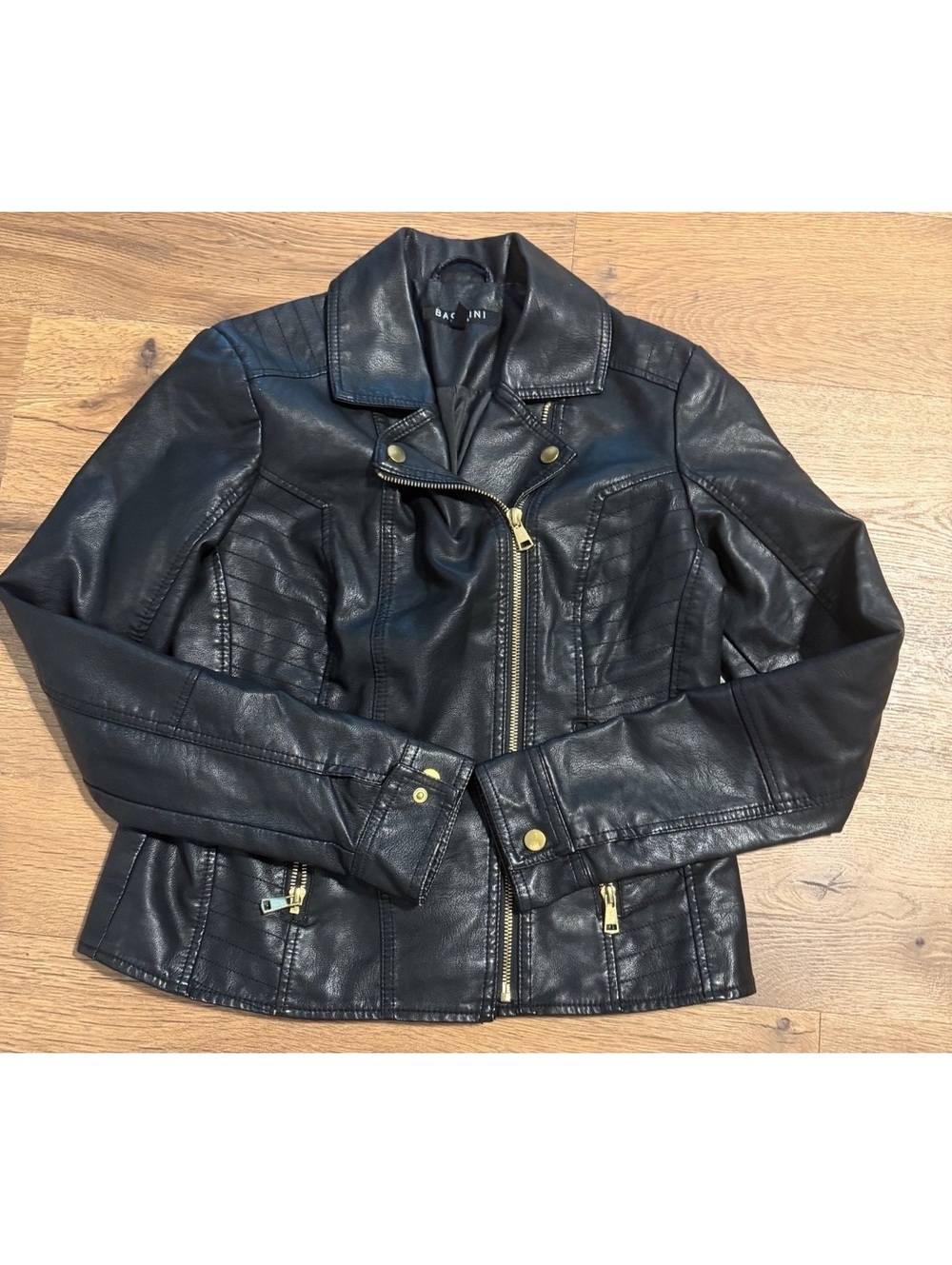 Baccini Women's Black Faux Leather Biker Jacket with Gold Hardware, Size PS